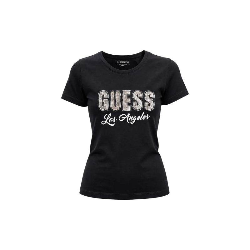 Guess women black cotton classic short sleeve t-shirt with sparkling silver guess lettering and white los angeles script