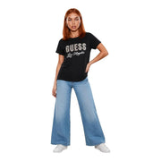 Guess women black cotton classic short sleeve t shirt featuring silver glitter lettering in a graphic design