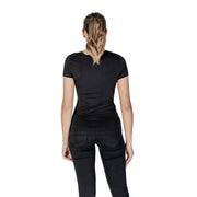 Guess women black cotton rhinestone round neck t shirt with short sleeves and subtle back seam detail shown from the back