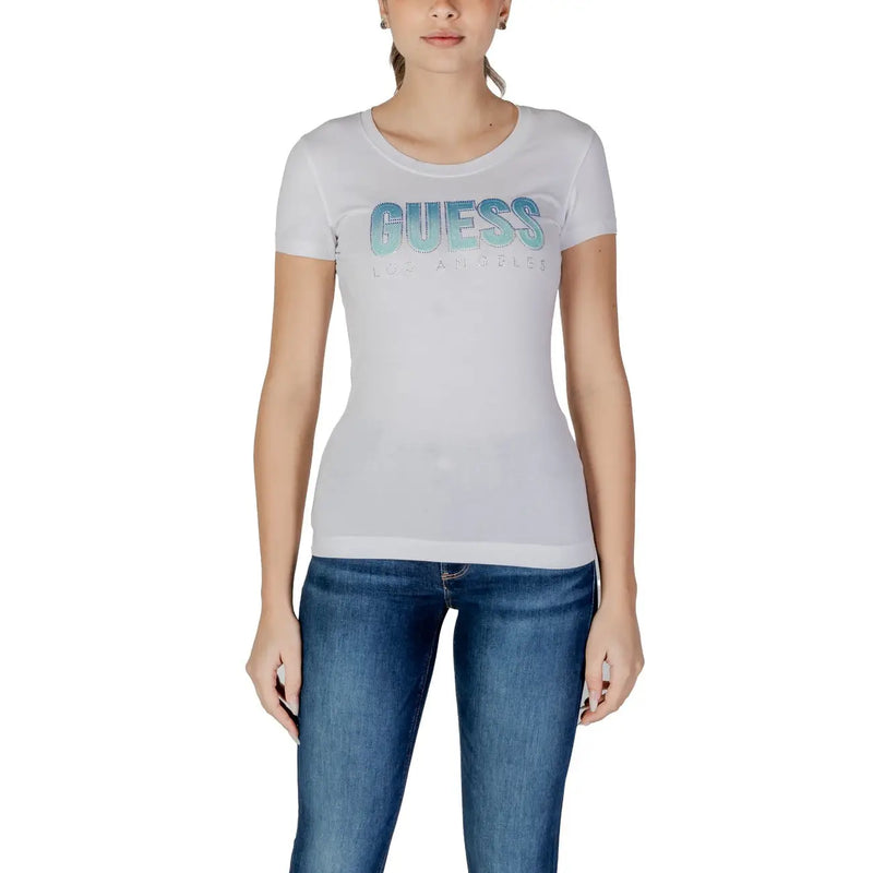 White Guess women cotton t shirt with gradient blue and teal Guess Los Angeles logo across the chest
