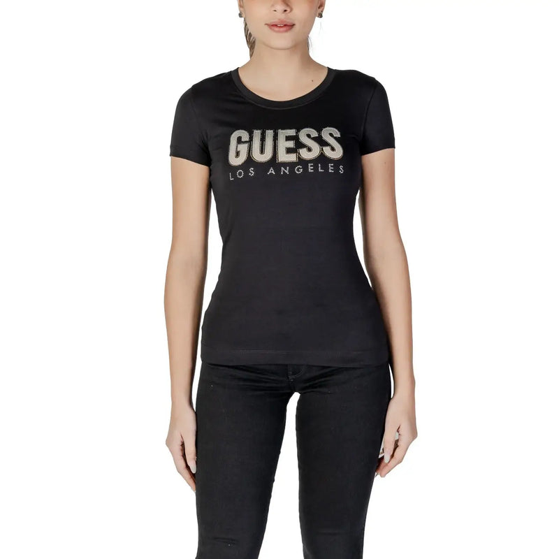 Black Guess Los Angeles short-sleeved cotton t shirt with a sparkling silver rhinestone logo for women