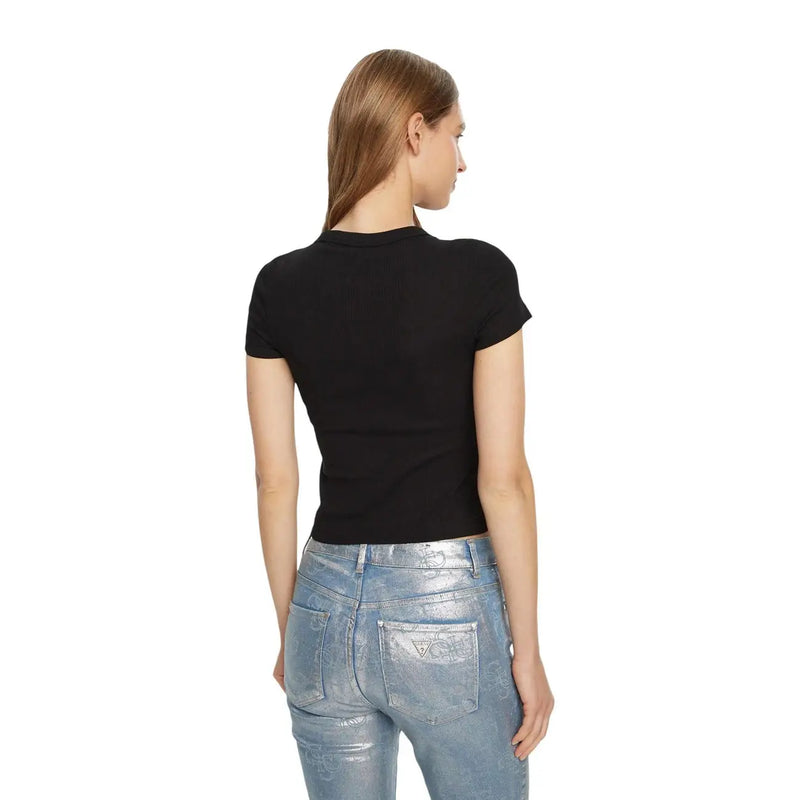 Black cotton rib fitted short-sleeved t shirt with round neck and Guess logo for women