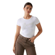 White ribbed short-sleeve cotton t shirt with silver Guess logo across the chest for women