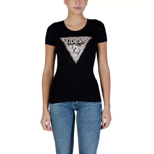 Guess women black cotton round neck short sleeve t shirt with a sparkling triangular logo and brand name graphic design
