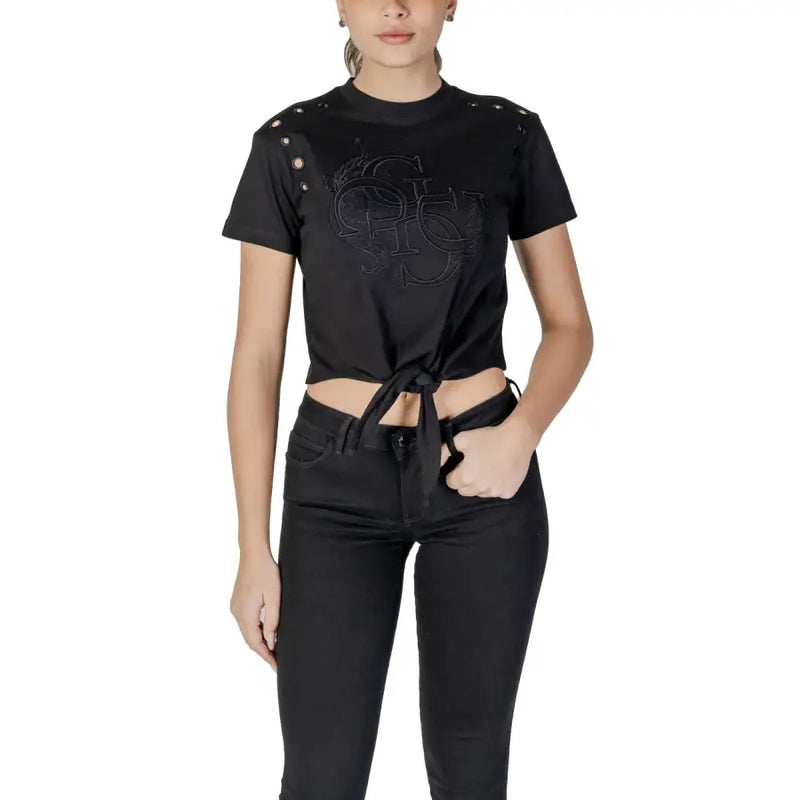 Guess Women black cropped cotton T-shirt with studded shoulders and knot