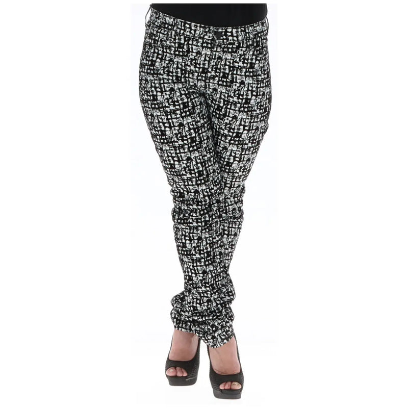 Guess Schwarze Damen-Baumwollhose mit Taschen und einem strukturierten, abstrakten schwarz-weißen Muster.