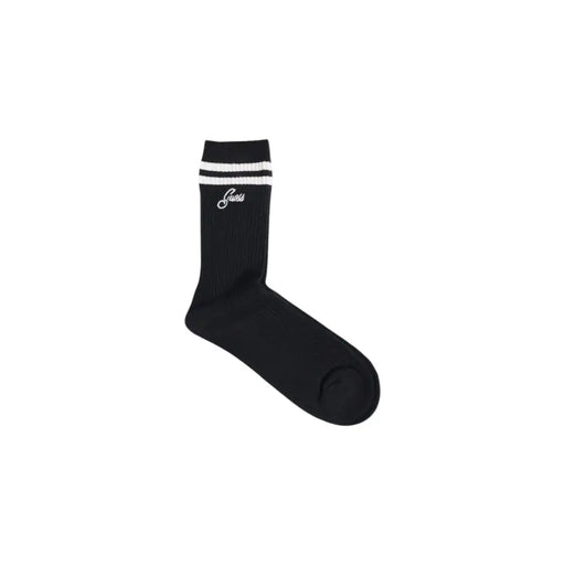 Guess black ribbed sock with white stripes and embroidered logo