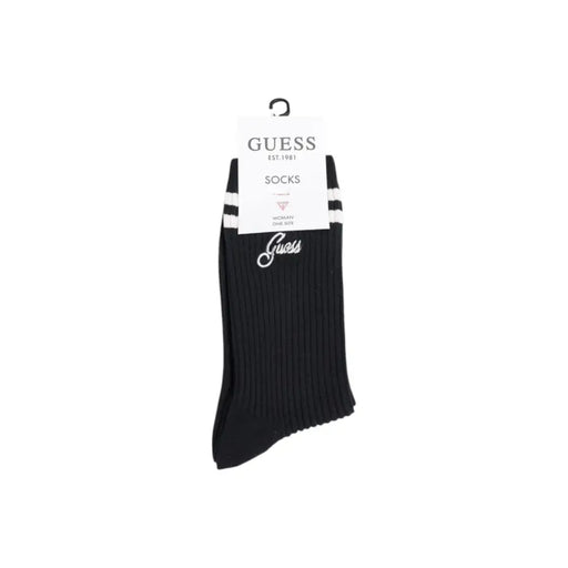 Guess black ribbed knit socks with white stripes and silver logo