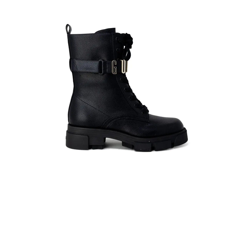 Guess women black faux leather ankle boots with chunky sole and gold-tone gu buckle size 4.5