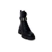 Black faux leather Guess women ankle combat boot with chunky sole and metallic logo strap size 4.5