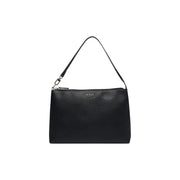 Black pebbled leather Guess women Melody handbag 29 cm with silver hardware and front logo detail