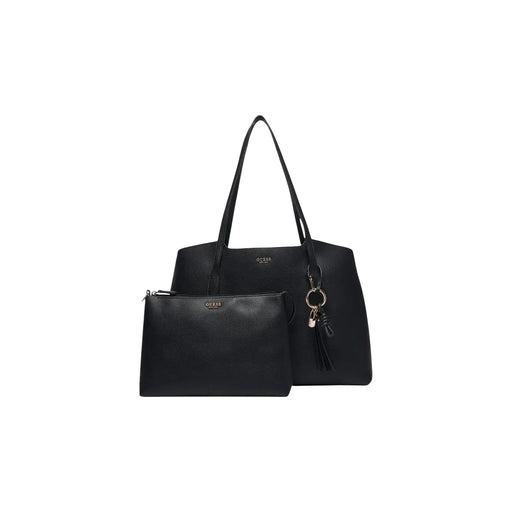 Guess Schwarze, strukturierte Damen-Tragetasche aus Kunstleder mit passendem Beutel und Schlüsselanhänger mit Quaste, 29 cm, Melody Handtasche