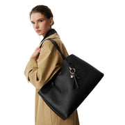 Black textured leather tote bag with keychain lock detail from Guess women faux leather Melody handbag 29 cm collection
