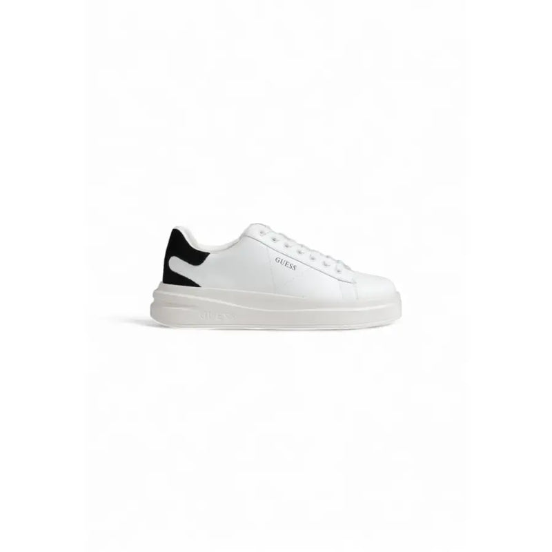 White guess women sporty sneaker with black heel tab and matching laces in faux leather material
