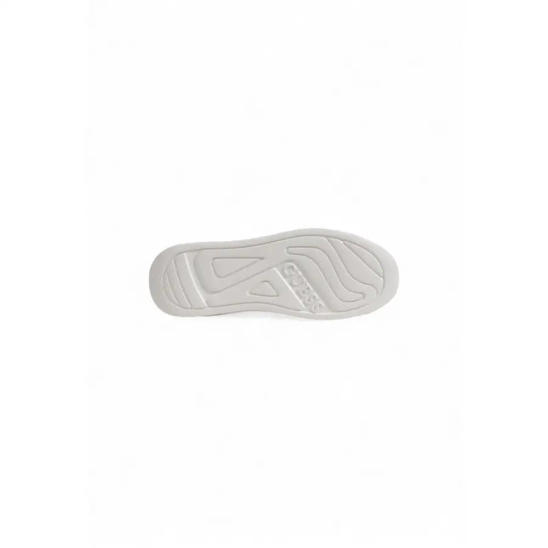 White rubber sole with embossed guess logo and wavy tread pattern on guess women black faux leather sporty sneakers