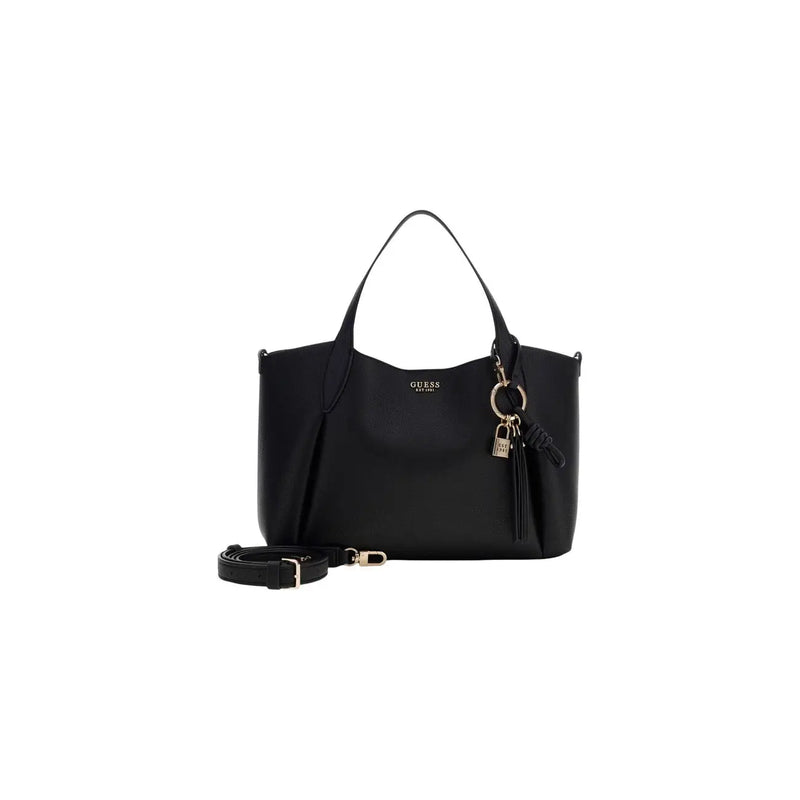Guess women black faux leather tote bag with sleek structured design and gold tone hardware accents 35x25x12 cm