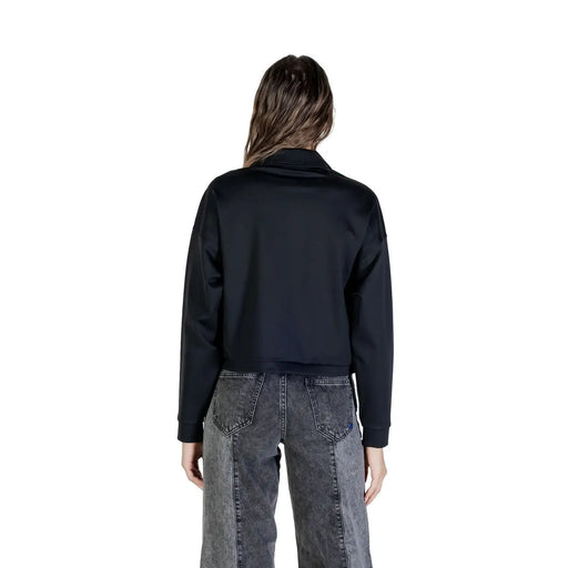 Schwarzer Satin Guess Damen-Sweatshirt mit durchgehendem Reißverschluss, gerippten Bündchen und Saum aus Polyamidgewebe