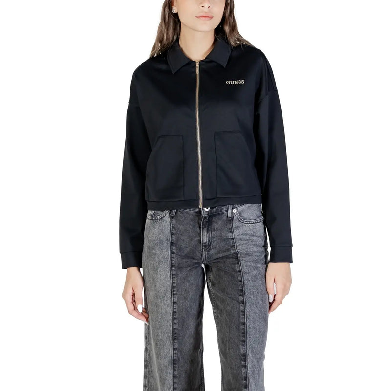Guess women black full zip sweatshirt polyamide with gold zipper and front pockets for casual wear