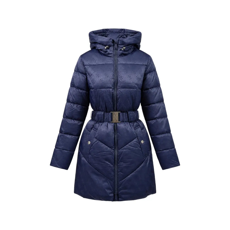 Guess Schwarze Damen-Kapuzenjacke aus Polyamid mit marineblauem Steppmuster und metallischer Gürtelschnalle für den Winter