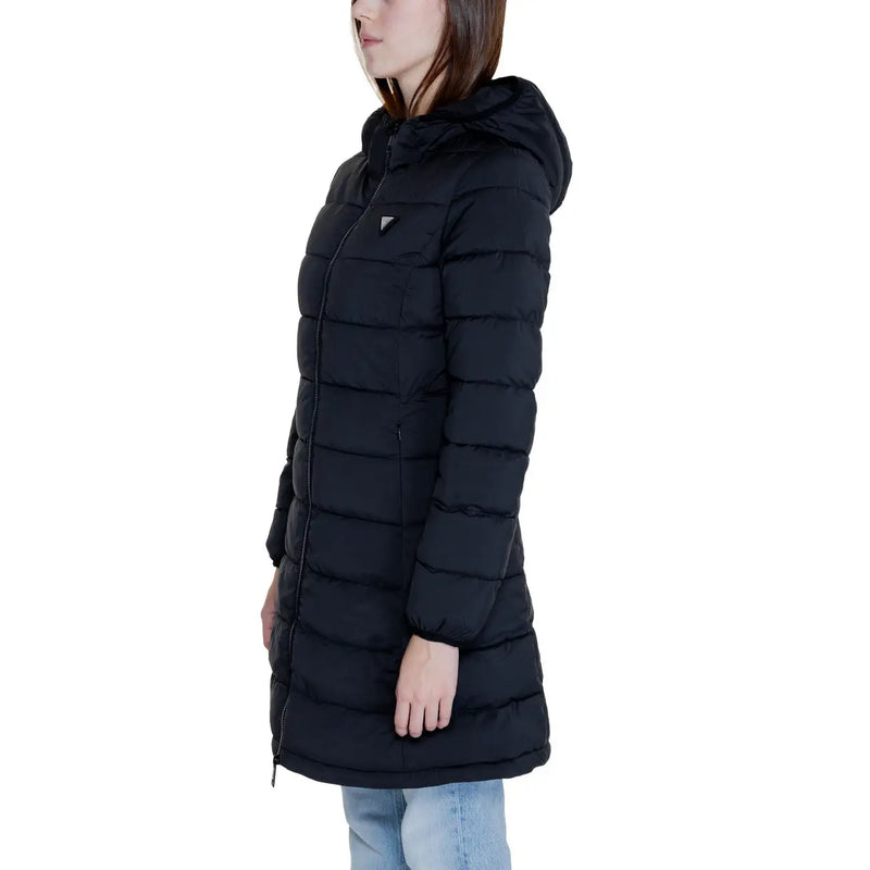 Guess Schwarzer, gesteppter Damen-Daunenmantel mit Kapuze und Frontreißverschluss aus Polyester für den Winter