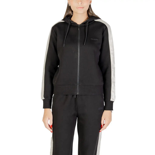 Guess Women black hooded zip sweatshirt with gray sleeve panels