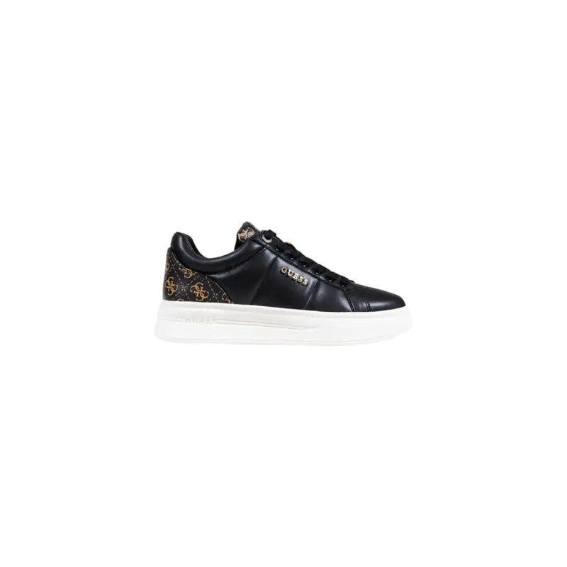 Guess Women black leather lace sneakers with gold logo and white sole