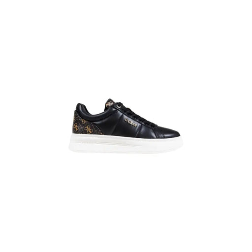 Guess Women black leather lace sneakers with gold logo and white sole