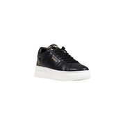 Guess Women black lace sneakers with glossy leather upper, white platform sole, gold-tone details