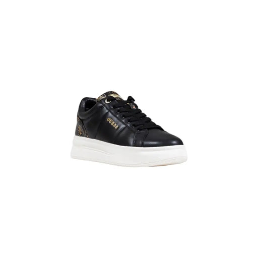 Guess Women black lace sneakers with glossy leather upper, white platform sole, gold-tone details