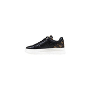 Guess women black leather low-top sneakers with gold-toned logo on heel and tongue and white rubber sole