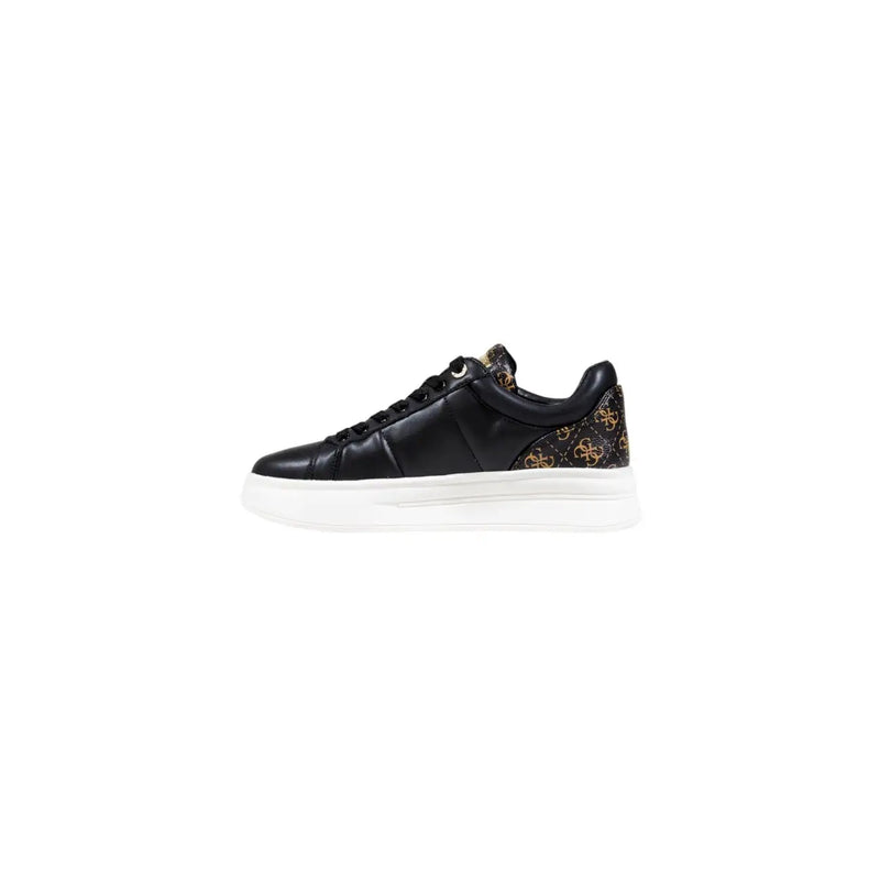 Guess women black leather low-top sneakers with gold-toned logo on heel and tongue and white rubber sole