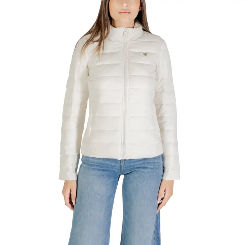 Women’s white puffer jacket with front zipper and triangular emblem, part of Guess Women’s collection