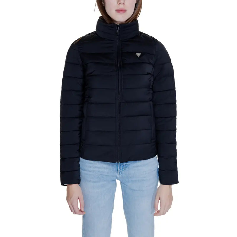Women’s black puffer jacket with high collar and front zipper from Guess Women collection
