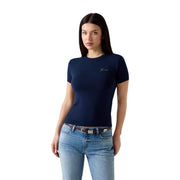 Marineblau Guess Damen-T-Shirt mit kurzen Ärmeln und Mini-Logo aus Modal-Lycra mit dezenter Goldstickerei auf der linken Brust.