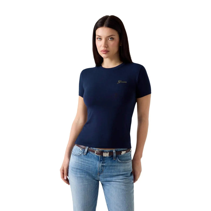 Marineblau Guess Damen-T-Shirt mit kurzen Ärmeln und Mini-Logo aus Modal-Lycra mit dezenter Goldstickerei auf der linken Brust.