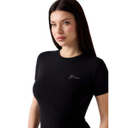 Guess Schwarzes Damen-T-Shirt aus Modal-Lycra mit kurzen Ärmeln und dezentem, mit Strasssteinen verziertem Bianca-Logo auf der Brust