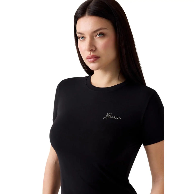 Guess Schwarzes Damen-T-Shirt aus Modal-Lycra mit kurzen Ärmeln und dezentem, mit Strasssteinen verziertem Bianca-Logo auf der Brust