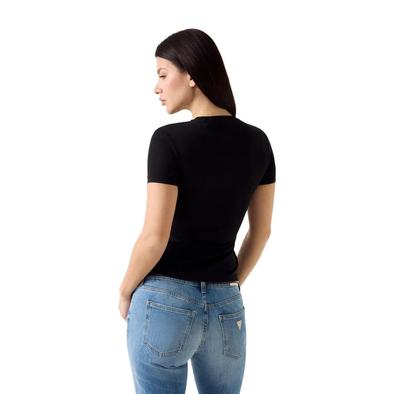 Guess Schwarzes, tailliertes Kurzarm-T-Shirt aus Modal-Lycra für Damen mit Mini-Logo, geeignet für die Freizeit.