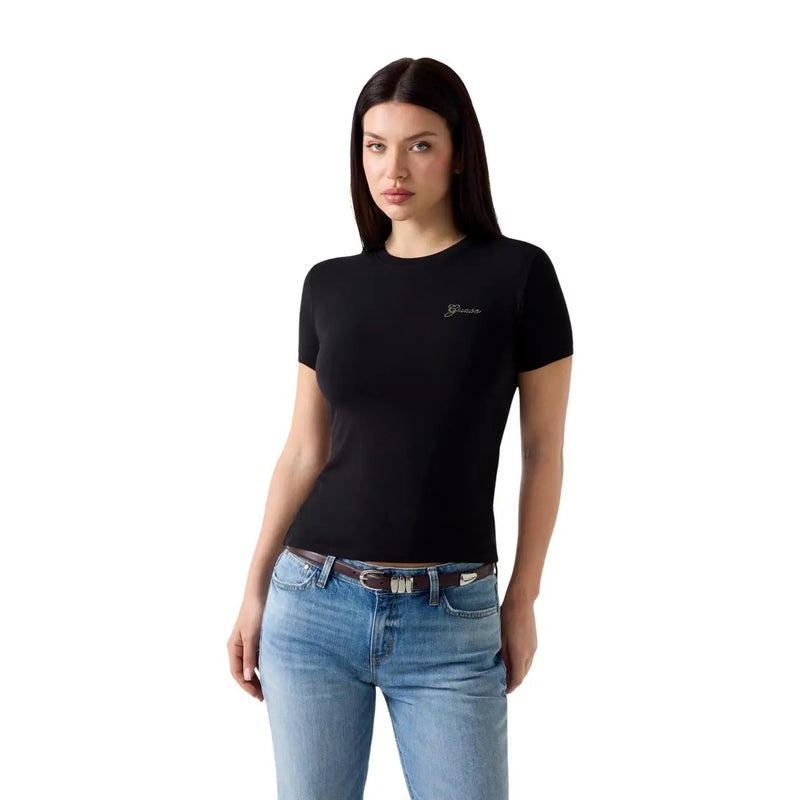 Guess Schwarzes Damen-T-Shirt aus Modal-Lycra mit kurzen Ärmeln, taillierter Passform und dezentem, gesticktem Logo auf der linken Brust.