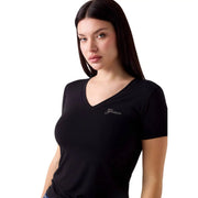 Guess Schwarzes Damen-T-Shirt aus Modal-Lycra mit kurzen Ärmeln und V-Ausschnitt sowie Glitzer guess Logo auf der linken Brustseite aufgestickt
