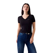 Guess Schwarzes Damen-T-Shirt aus Modal-Lycra mit kurzen Ärmeln und V-Ausschnitt sowie dezentem, gesticktem Logo auf der linken Brust.