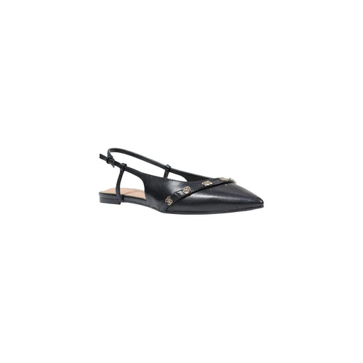 Guess Schwarze, spitze Damen-Slipper aus Kunstleder mit flachem Fersenriemen und metallischen Verzierungen