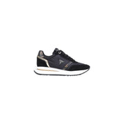 Guess women black polyester sneakers with metallic gold and camouflage accents white midsole and black outsole