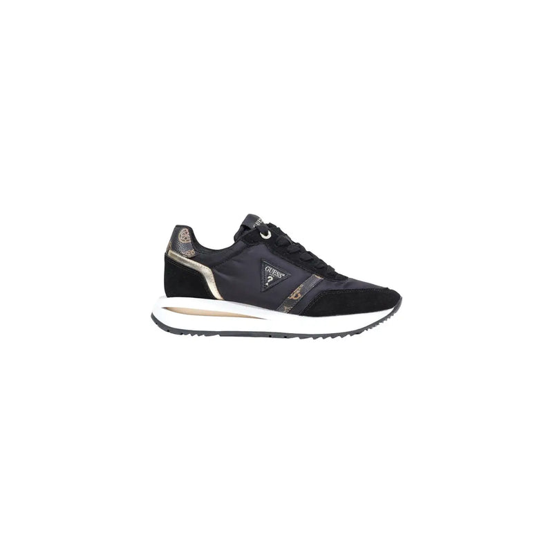 Guess women black polyester sneakers with metallic gold and camouflage accents white midsole and black outsole