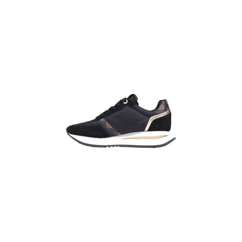 Guess women black polyester sneakers with black suede and mesh, gold-tone branding, and white midsole side view