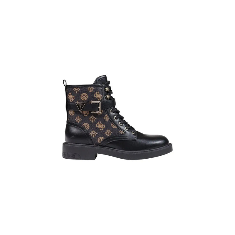 Guess women black polyurethane ankle boots with gold-toned logo pattern and silver buckle detail visible from the front