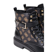 Guess women black polyurethane ankle boot with black and gold pattern and buckle strap detailing