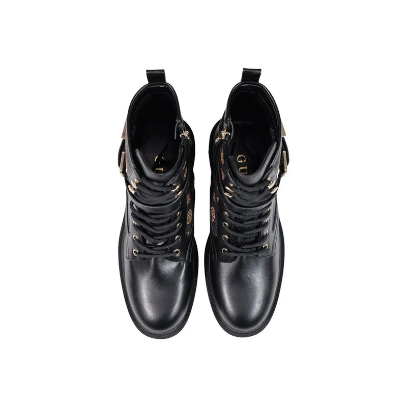 Guess women black polyurethane ankle boots featuring gold-tone metal accents and laces in black leather design