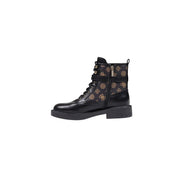 Guess women black polyurethane ankle boots with gold-toned circular logo pattern and chunky heel in black leather