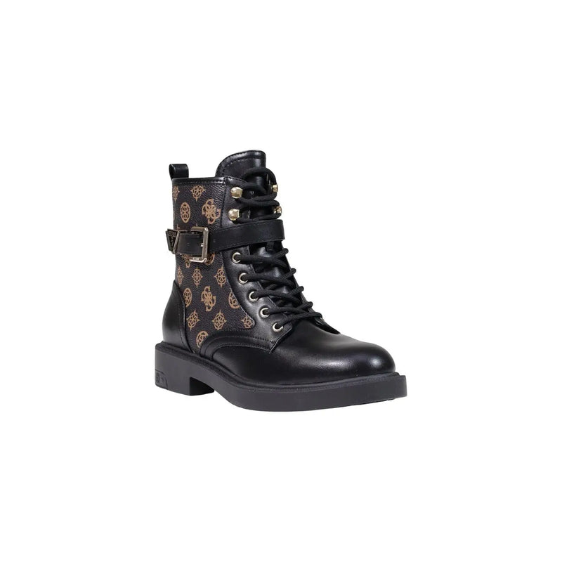 Guess women black polyurethane ankle boot featuring gold-toned logo pattern and buckle strap on the side
